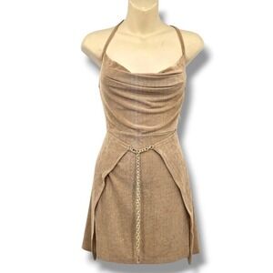 She Is Us XS‎ Mini Dress Tan Cowl Neck Halter Gold Chain Backless Party
